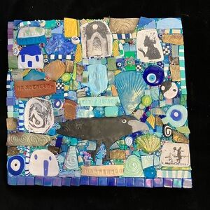 Handmade  Mosaic Art “Best Friends“Polymer Clay GlasOriginal /Wood  12”x 12”
